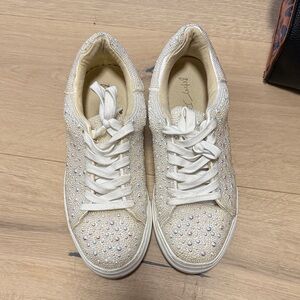 Betsey Johnson Ivory Crystal-Studded Lace-Up Sneakers